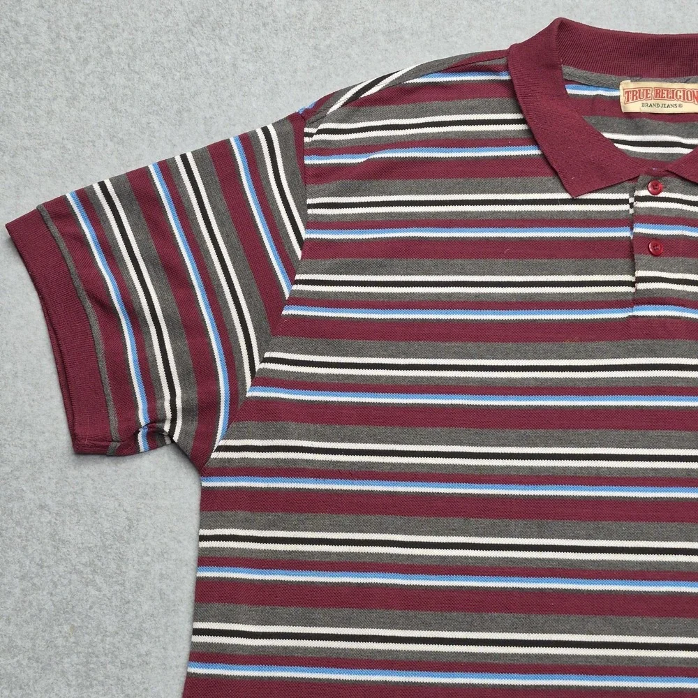 True Religion Shirt Men's 4XL Striped Polo Burgundy Short Sleeve Horseshoe Logo